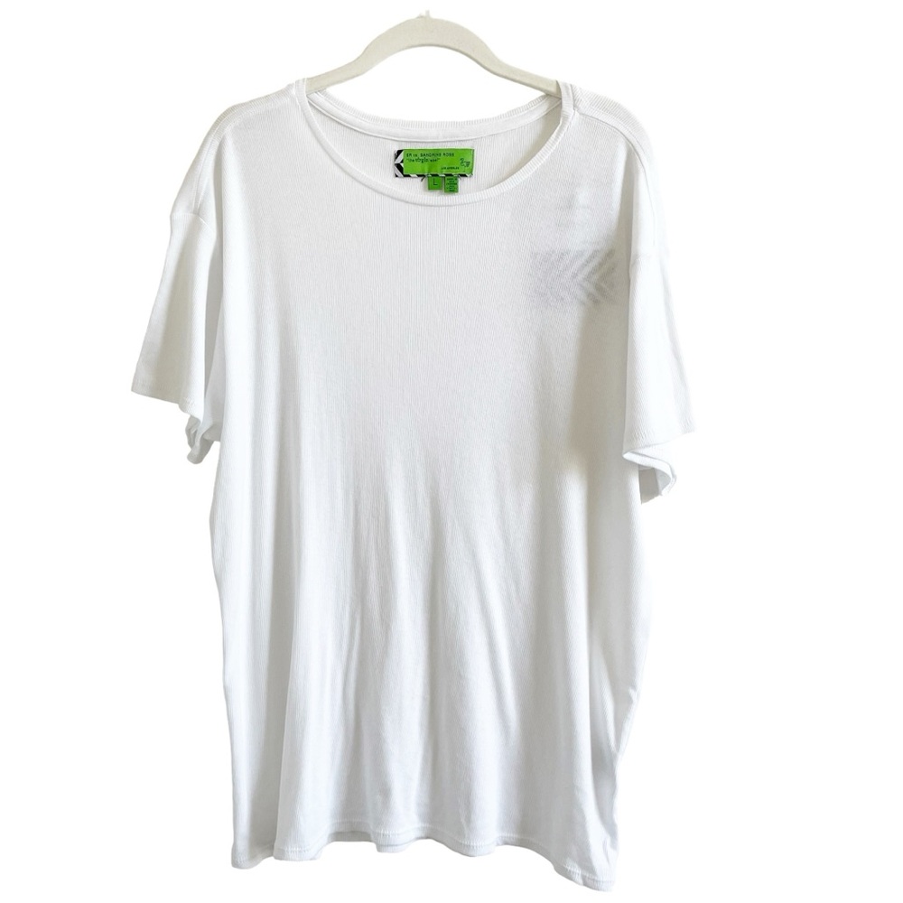 Sandrine Rose White Ribbed Short Sleeve Tee Shirt Size Large Tunic Casual Cotton